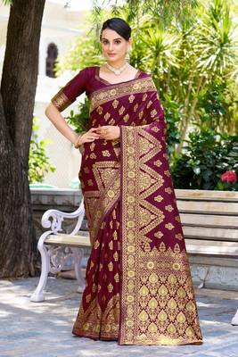 Purple silk blend banarasi saree with unstitched blouse piece 1