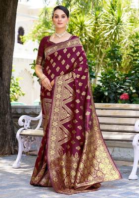 Purple silk blend banarasi saree with unstitched blouse piece 2