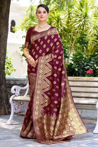 Purple silk blend banarasi saree with unstitched blouse piece