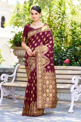 Purple silk blend banarasi saree with unstitched blouse piece 3