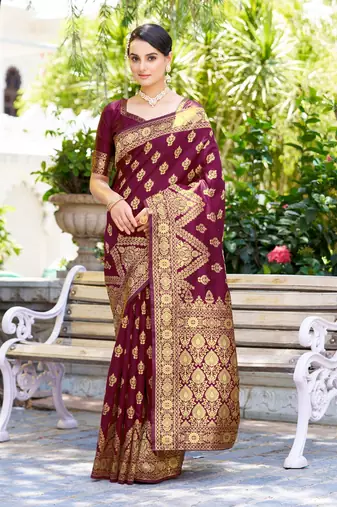 Purple silk blend banarasi saree with unstitched blouse piece