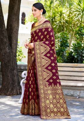 Purple silk blend banarasi saree with unstitched blouse piece 4