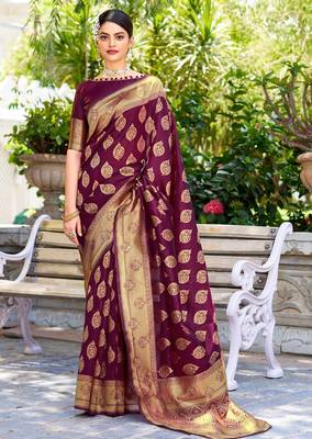 Purple silk blend banarasi saree with unstitched blouse piece 1