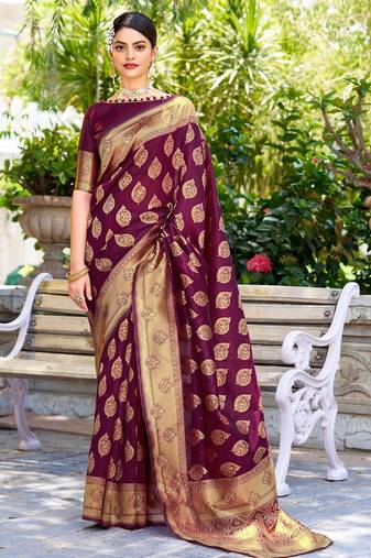 Purple soft silk blend banarasi jacuard work designer party wear saree with unstitched blouse piece