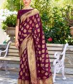 Purple soft silk blend banarasi jacuard work designer party wear saree with unstitched blouse piece