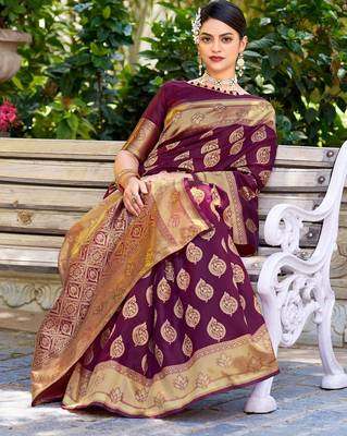 Purple silk blend banarasi saree with unstitched blouse piece 2