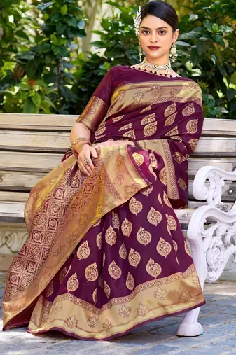 Purple silk blend banarasi saree with unstitched blouse piece