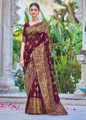 Purple silk blend banarasi saree with unstitched blouse piece 1