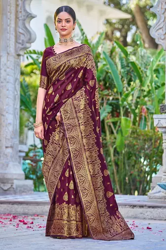Purple soft silk blend banarasi jacuard work designer party wear saree with unstitched blouse piece