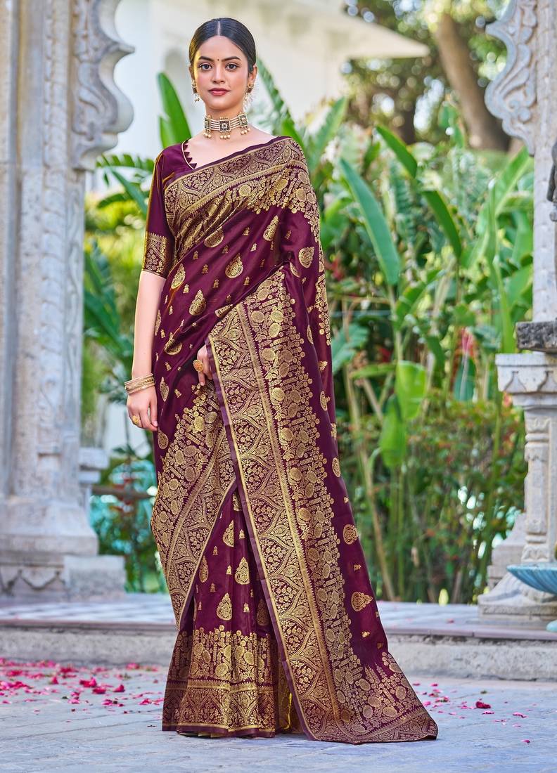 Purple soft silk blend banarasi jacuard work designer party wear saree with unstitched blouse piece