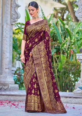 Purple silk blend banarasi saree with unstitched blouse piece 2