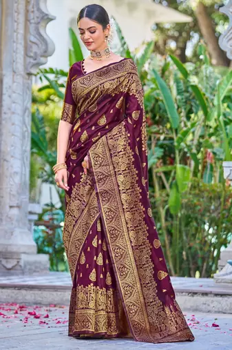 Purple silk blend banarasi saree with unstitched blouse piece