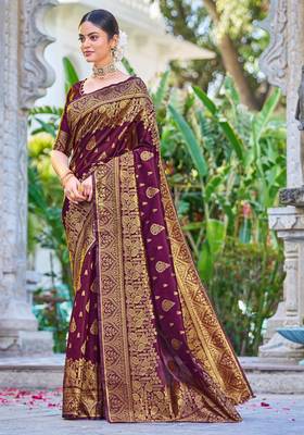 Purple silk blend banarasi saree with unstitched blouse piece 3
