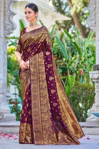 Purple silk blend banarasi saree with unstitched blouse piece