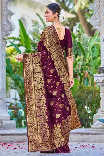 Purple silk blend banarasi saree with unstitched blouse piece