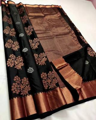 Black silk blend banarasi saree with unstitched blouse piece 1