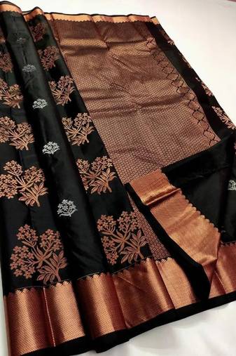 Black soft silk blend banarasi jacuard work designer party wear saree with unstitched blouse piece