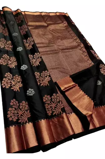 Black silk blend banarasi saree with unstitched blouse piece