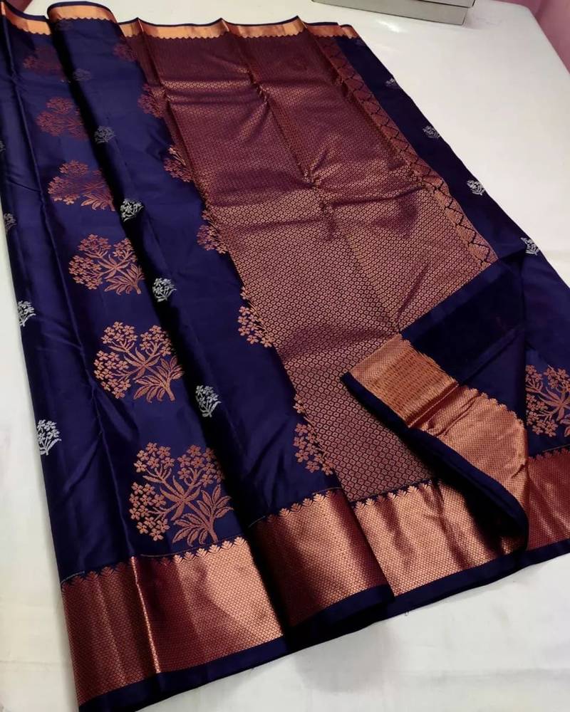 Neavy blue soft silk blend banarasi jacuard work designer party wear saree with unstitched blouse piece
