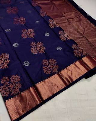 Neavy blue silk blend banarasi saree with unstitched blouse piece 2