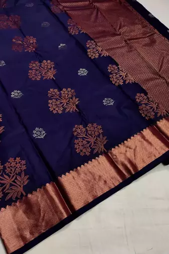 Neavy blue silk blend banarasi saree with unstitched blouse piece