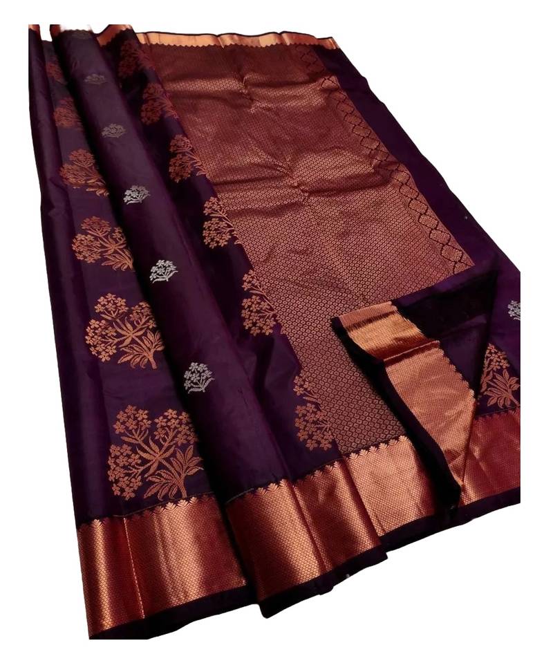 Wine soft silk blend banarasi jacuard work designer party wear saree with unstitched blouse piece