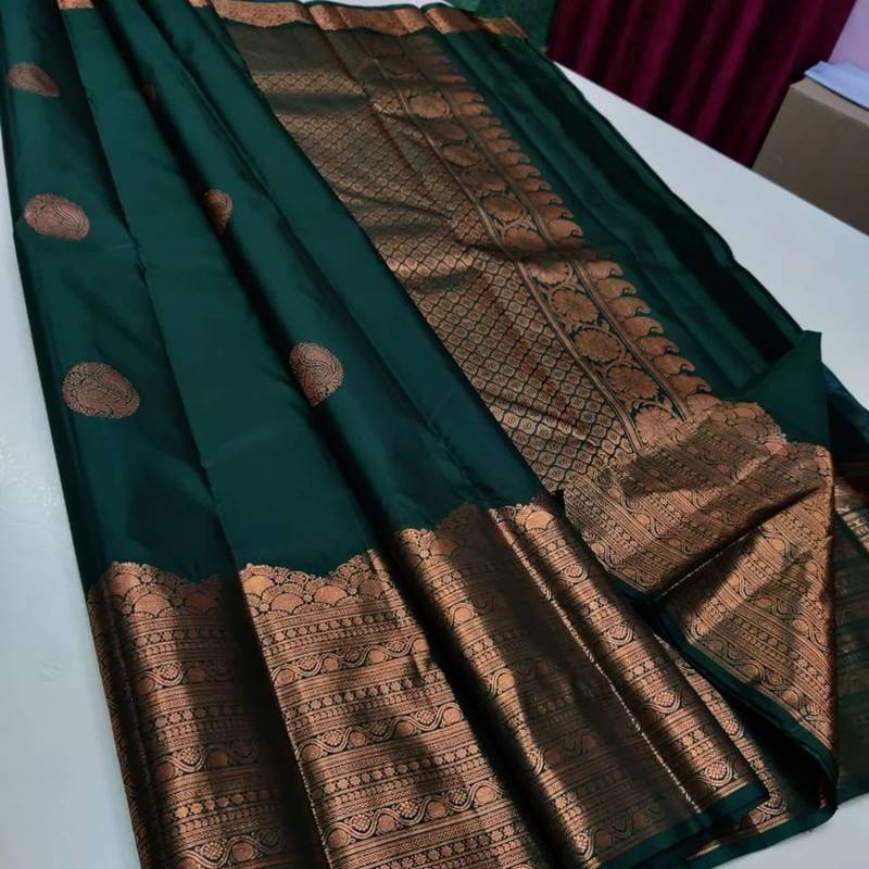 Green soft silk blend banarasi jacuard work designer party wear saree with unstitched blouse piece