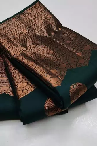 Green silk blend banarasi saree with unstitched blouse piece