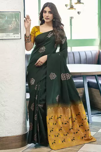 Dark green yellow soft silk blend banarasi jacuard work designer party wear saree with unstitched blouse piece