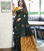Dark green yellow soft silk blend banarasi jacuard work designer party wear saree with unstitched blouse piece