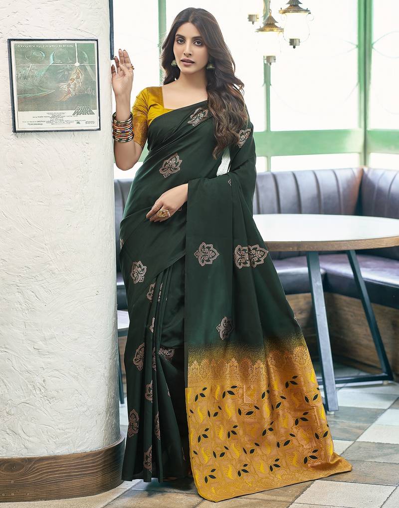 Dark green yellow soft silk blend banarasi jacuard work designer party wear saree with unstitched blouse piece