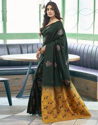 Dark green yellow silk blend banarasi saree with unstitched blouse piece 2