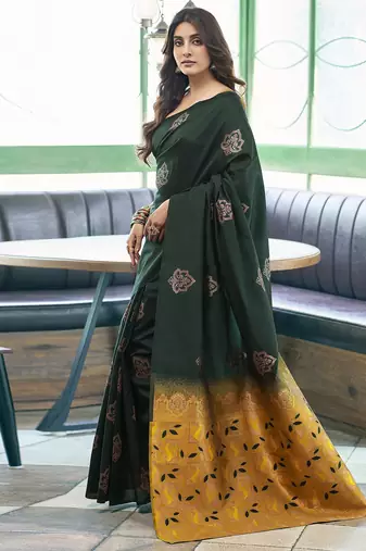 Dark green yellow silk blend banarasi saree with unstitched blouse piece