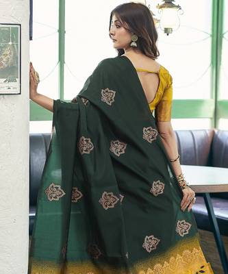 Dark green yellow silk blend banarasi saree with unstitched blouse piece 3