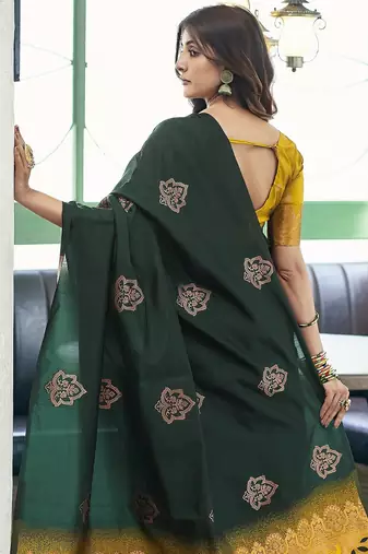 Dark green yellow silk blend banarasi saree with unstitched blouse piece