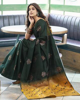 Dark green yellow silk blend banarasi saree with unstitched blouse piece 4