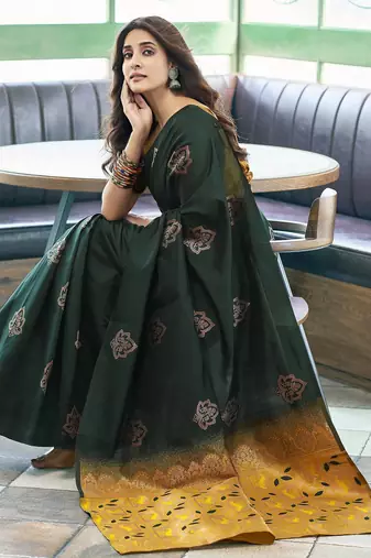 Dark green yellow silk blend banarasi saree with unstitched blouse piece