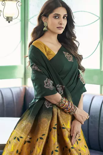 Dark green yellow silk blend banarasi saree with unstitched blouse piece