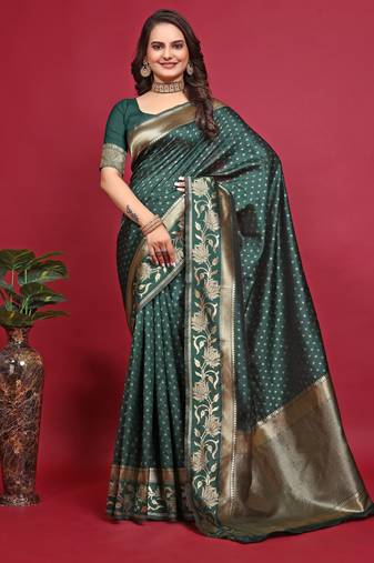 Green soft silk blend banarasi jacuard work designer party wear saree with unstitched blouse piece