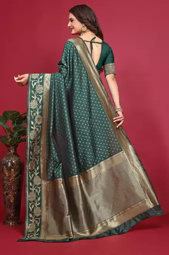Green silk blend banarasi saree with unstitched blouse piece