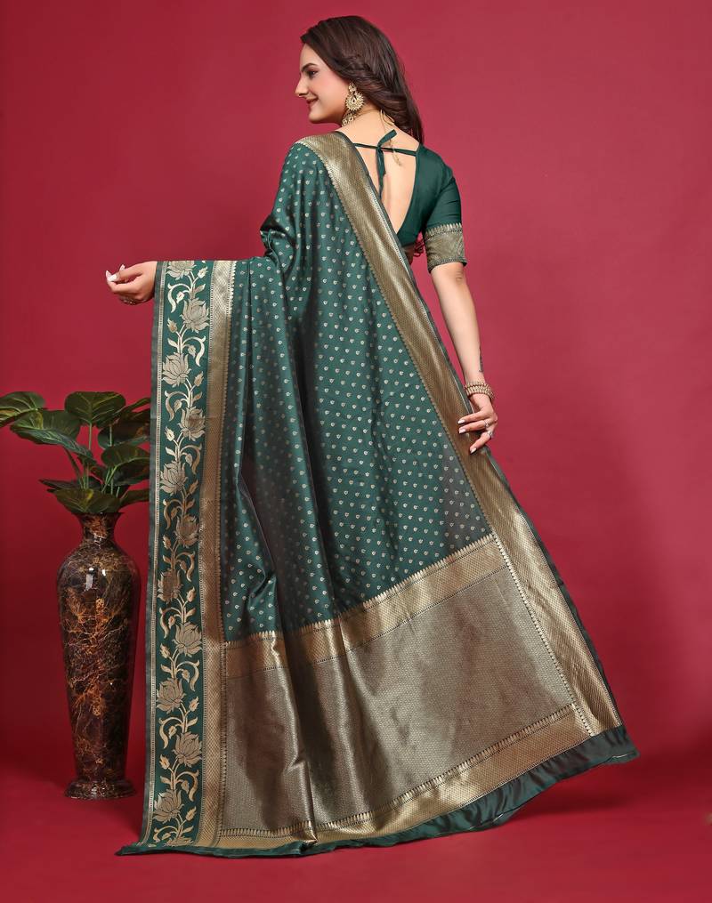 Green soft silk blend banarasi jacuard work designer party wear saree with unstitched blouse piece