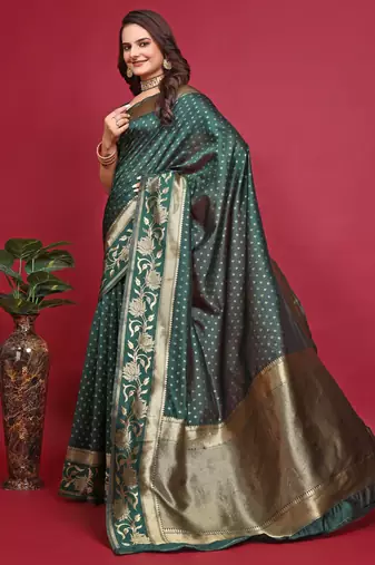 Green silk blend banarasi saree with unstitched blouse piece