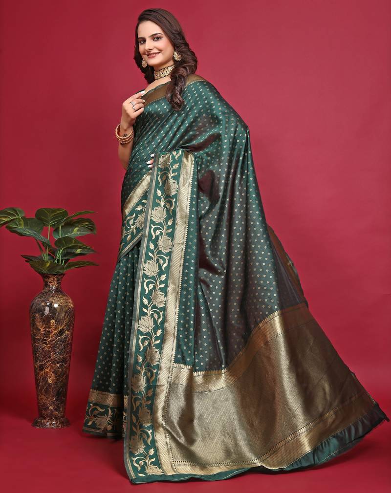 Green soft silk blend banarasi jacuard work designer party wear saree with unstitched blouse piece