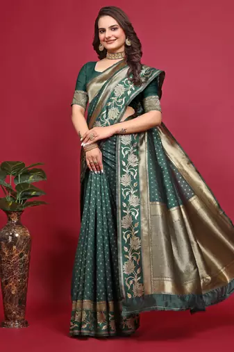 Green silk blend banarasi saree with unstitched blouse piece