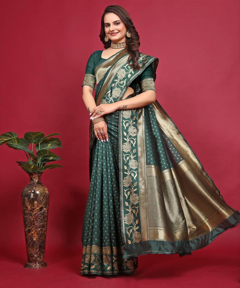 Green soft silk blend banarasi jacuard work designer party wear saree with unstitched blouse piece