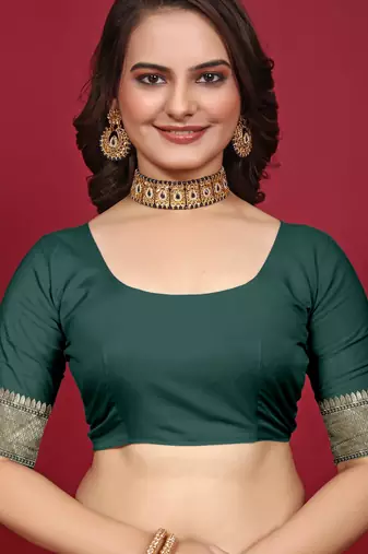 Green silk blend banarasi saree with unstitched blouse piece