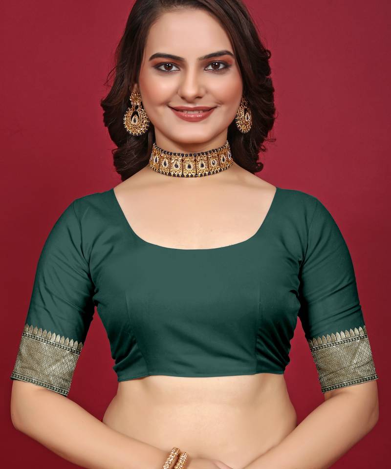 Green soft silk blend banarasi jacuard work designer party wear saree with unstitched blouse piece