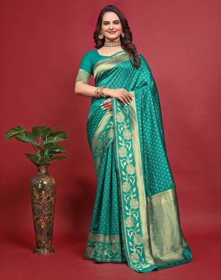 Rama silk blend banarasi saree with unstitched blouse piece 1