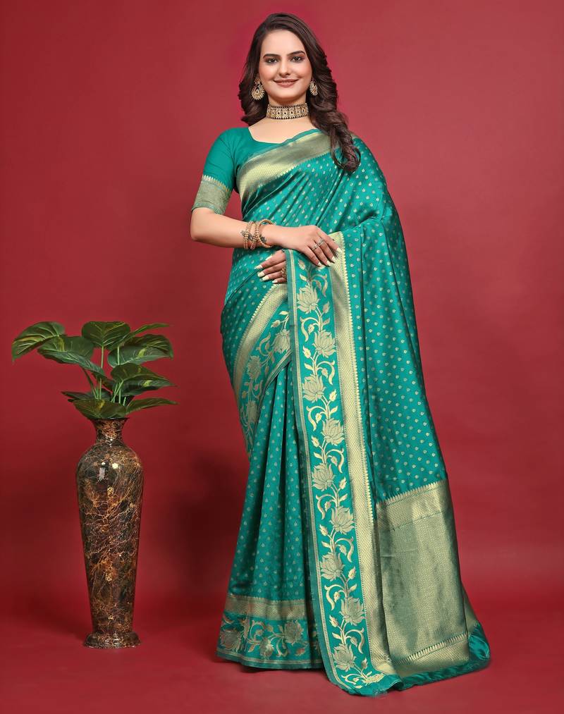 Rama soft silk blend banarasi jacuard work designer party wear saree with unstitched blouse piece