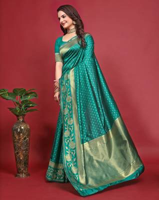 Rama silk blend banarasi saree with unstitched blouse piece 2